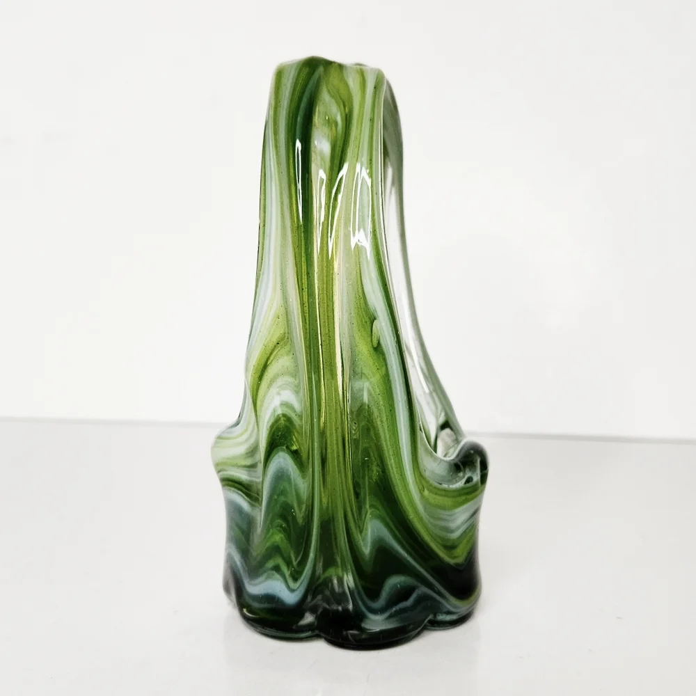 Vintage Hand Blown Stretch Art Glass Basket Vase Green White Swirls 5 1/2 Inches
